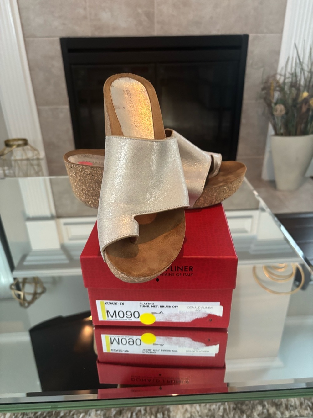 Donald J. Pliner Metallic Platinum Cork Wedge Slide Sandals